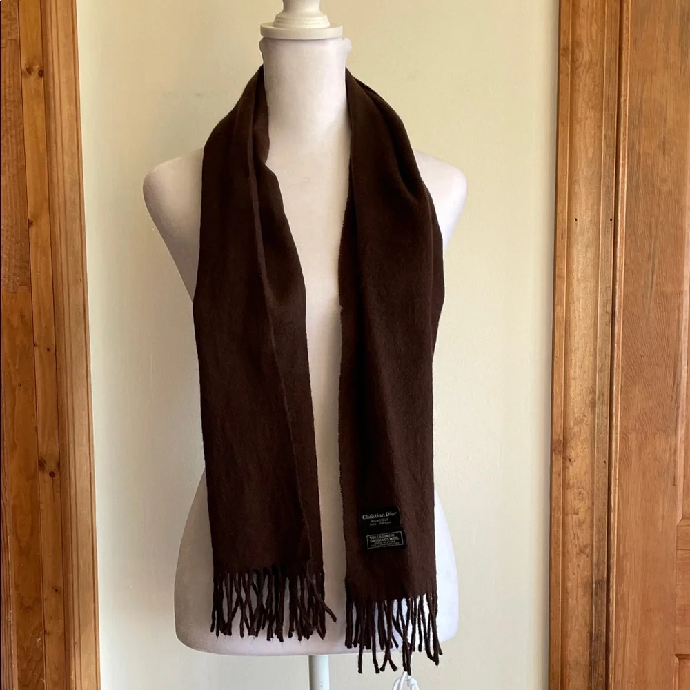 CHRISTIAN DIOR Cashmere Wool Blend Muffler Scarf in Deep Brown Vintage